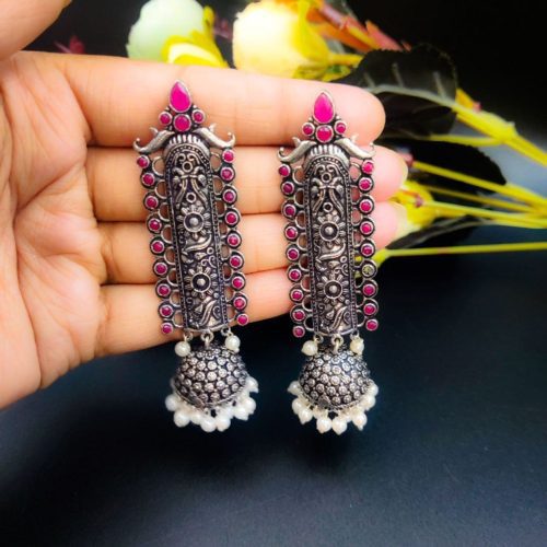Traditional Temple Style Oxidised Jhumka Earrings - Image 5