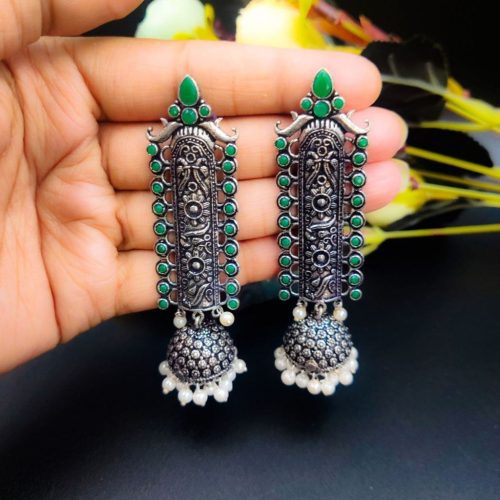 Traditional Temple Style Oxidised Jhumka Earrings - Image 4