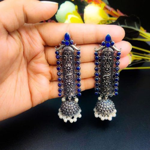 Traditional Temple Style Oxidised Jhumka Earrings - Image 3