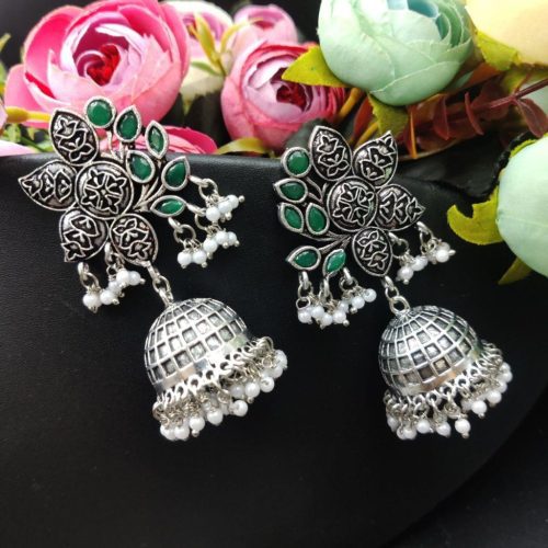 Designer Half Fower Stone Work Oxidised Jhumka Earrings - Image 4