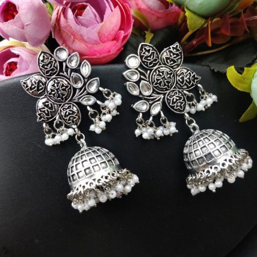 Designer Half Fower Stone Work Oxidised Jhumka Earrings - Image 3