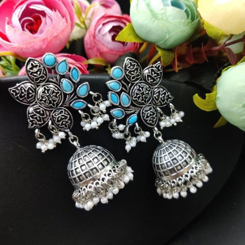 Designer Half Fower Stone Work Oxidised Jhumka Earrings - Image 2