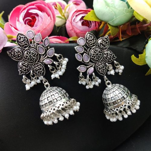 Designer Half Fower Stone Work Oxidised Jhumka Earrings