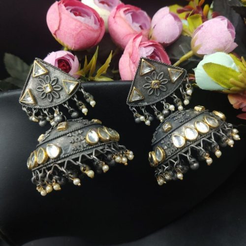 Jambo Size Black Polish Jhumka Oxidised Earrings