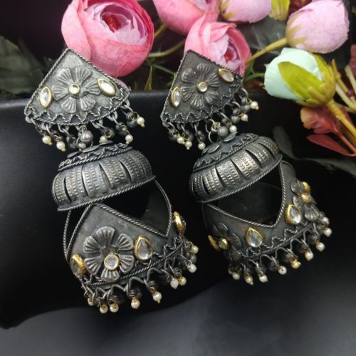 Jambo Size Oxidised Black Polish Jhumka Earrings