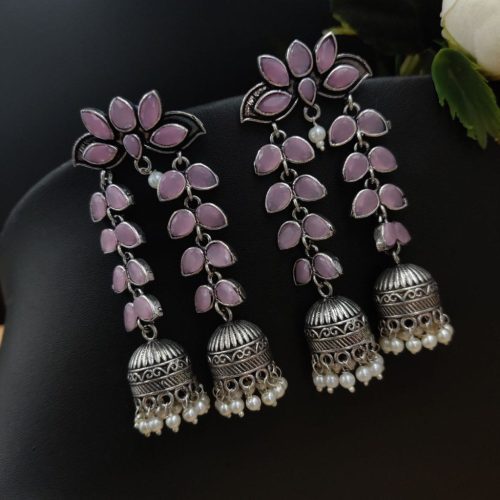 Designer Double Layer Jhumka Oxidised Leaf Earrings - Image 10