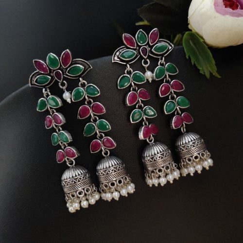 Designer Double Layer Jhumka Oxidised Leaf Earrings - Image 9