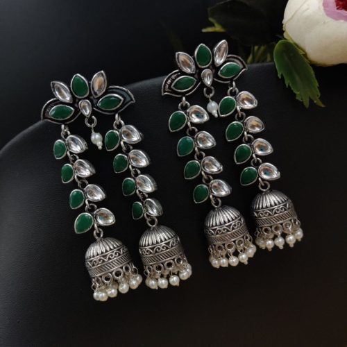 Designer Double Layer Jhumka Oxidised Leaf Earrings - Image 8