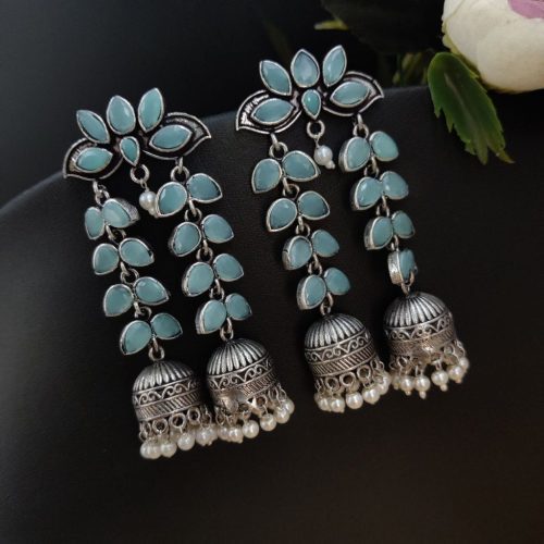 Designer Double Layer Jhumka Oxidised Leaf Earrings - Image 7
