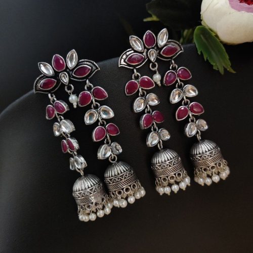 Designer Double Layer Jhumka Oxidised Leaf Earrings - Image 6
