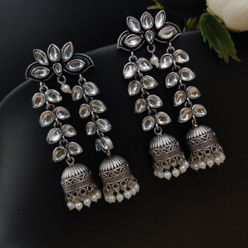 Designer Double Layer Jhumka Oxidised Leaf Earrings - Image 5