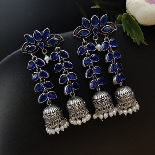 Designer Double Layer Jhumka Oxidised Leaf Earrings - Image 4