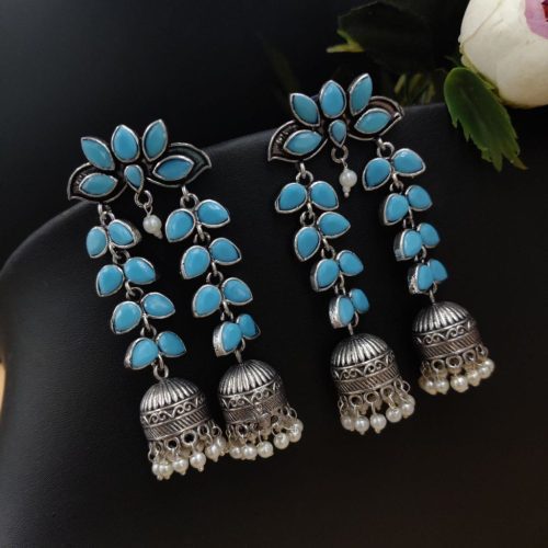 Designer Double Layer Jhumka Oxidised Leaf Earrings - Image 3