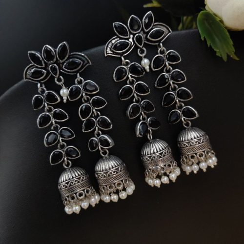 Designer Double Layer Jhumka Oxidised Leaf Earrings - Image 2