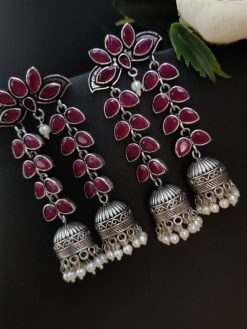 Designer Double Layer Jhumka Oxidised Leaf Earrings