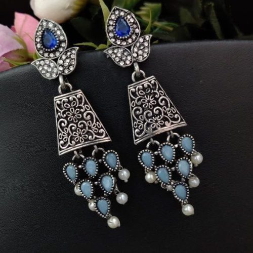 Oxidised AD Work Stud Dangler Earring - Image 8