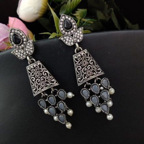 Oxidised AD Work Stud Dangler Earring - Image 5