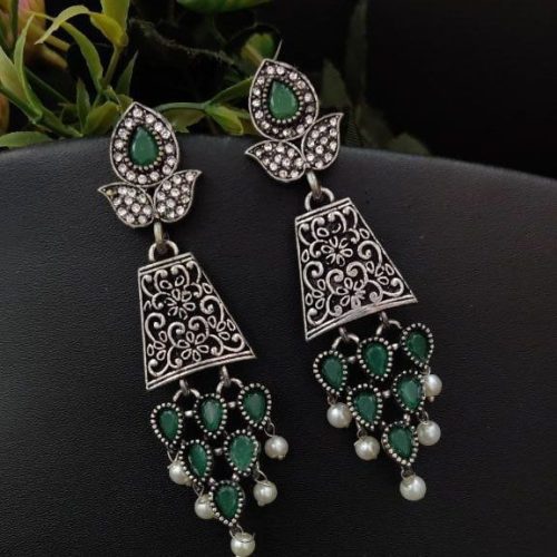 Oxidised AD Work Stud Dangler Earring - Image 4