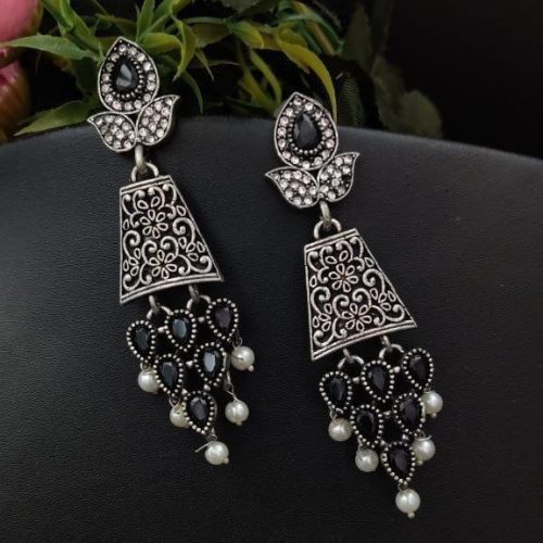 Oxidised AD Work Stud Dangler Earring - Image 3