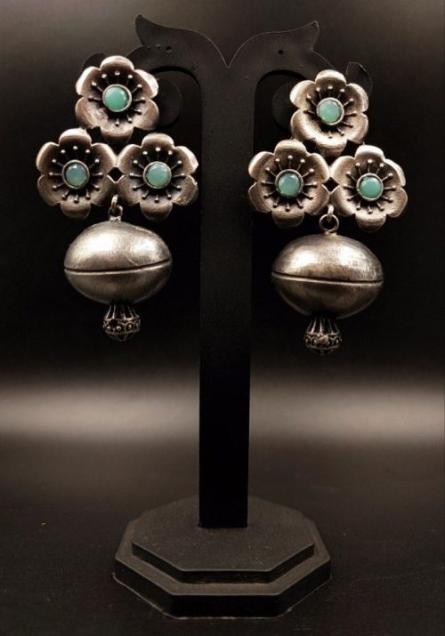 Silver replica Flower Stud Along With Half Jhumka Design - Image 5