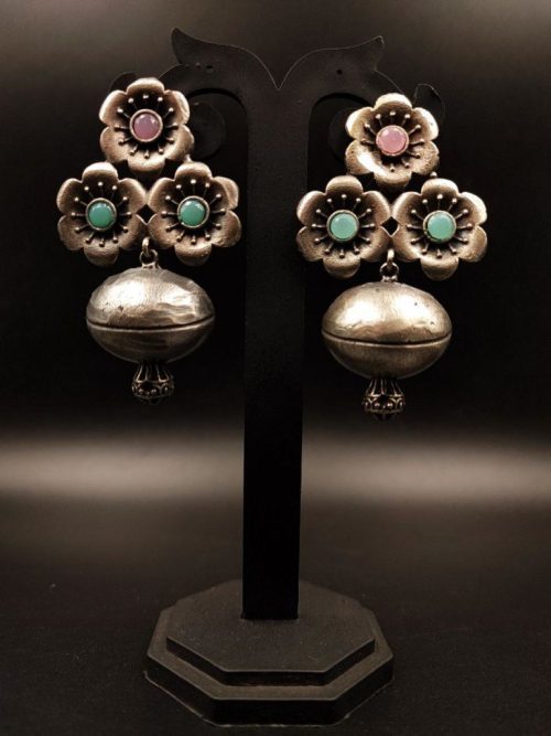 Silver replica Flower Stud Along With Half Jhumka Design - Image 4