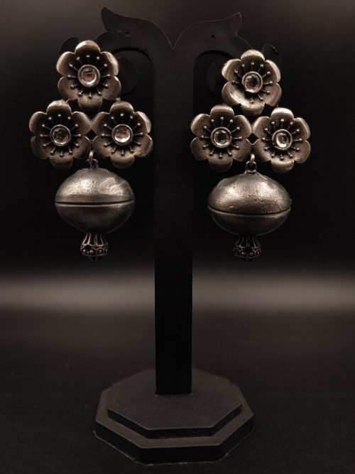Silver replica Flower Stud Along With Half Jhumka Design - Image 3