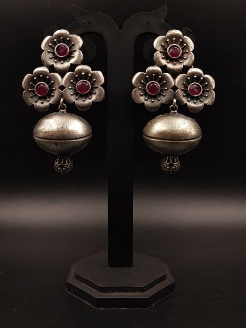 Silver replica Flower Stud Along With Half Jhumka Design - Image 2