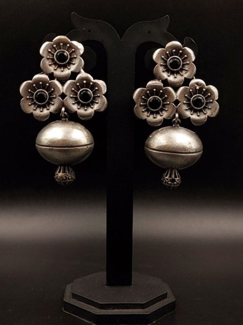 Silver replica Flower Stud Along With Half Jhumka Design