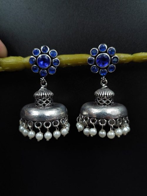 Flower Style Oxidised Jhumka Earrings - Image 3
