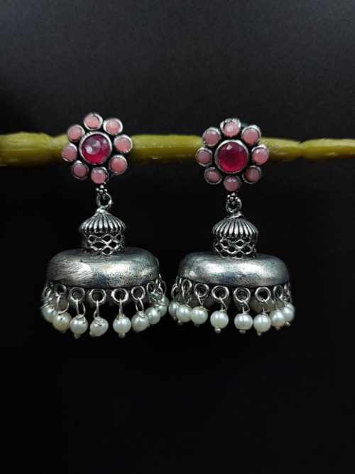 Flower Style Oxidised Jhumka Earrings - Image 2
