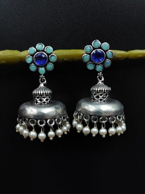 Flower Style Oxidised Jhumka Earrings