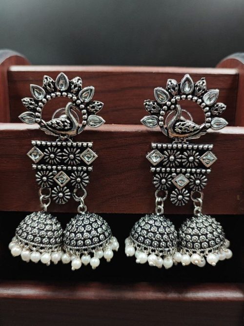 Double Jhumkas Oxidised Peacock Design Earrings - Image 9