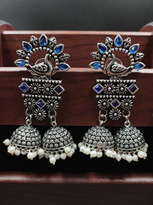 Double Jhumkas Oxidised Peacock Design Earrings - Image 8