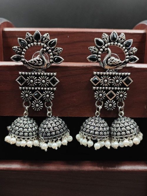 Double Jhumkas Oxidised Peacock Design Earrings - Image 7