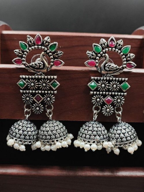 Double Jhumkas Oxidised Peacock Design Earrings - Image 6