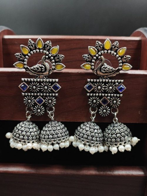 Double Jhumkas Oxidised Peacock Design Earrings - Image 5