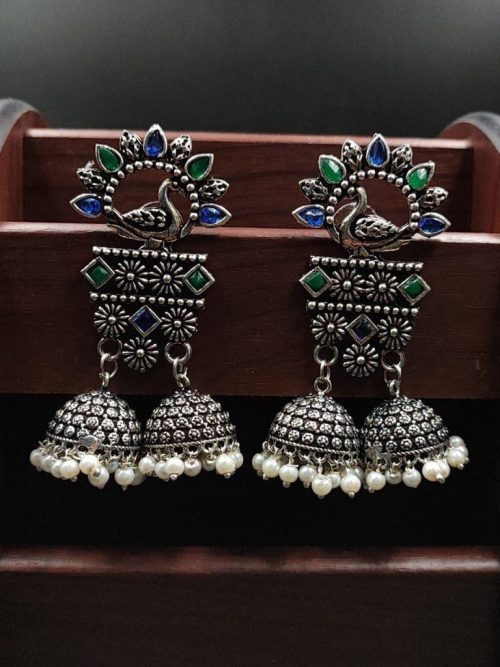 Double Jhumkas Oxidised Peacock Design Earrings - Image 4
