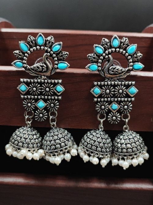 Double Jhumkas Oxidised Peacock Design Earrings - Image 3