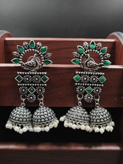 Double Jhumkas Oxidised Peacock Design Earrings - Image 2