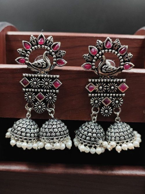 Double Jhumkas Oxidised Peacock Design Earrings
