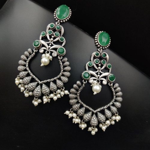 Stone Work Silver Replica Chand Bali Earrings - Image 6