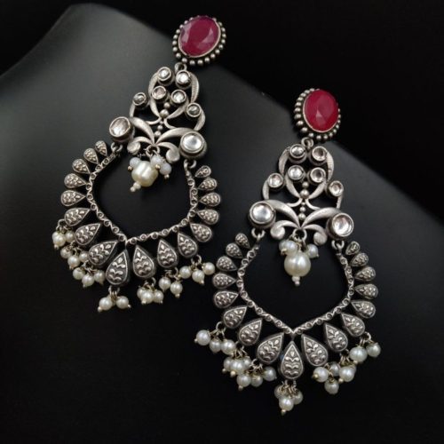 Stone Work Silver Replica Chand Bali Earrings - Image 5