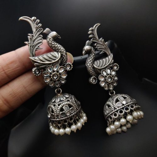 Oxidised Replica Polish Peacock Design Jhumka Earrings - Image 4