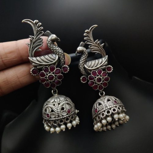 Oxidised Replica Polish Peacock Design Jhumka Earrings - Image 3