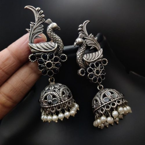 Oxidised Replica Polish Peacock Design Jhumka Earrings - Image 2