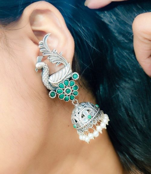 Oxidised Replica Polish Peacock Design Jhumka Earrings