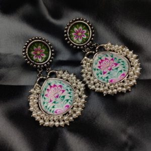 Antique Indian Art Hand-Painted Oxidised Handmade Earrings - Color: "White"