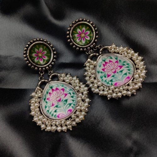 Antique Indian Art Hand-Painted Oxidised Handmade Earrings - Image 3