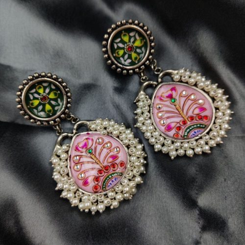 Antique Indian Art Hand-Painted Oxidised Handmade Earrings - Image 2