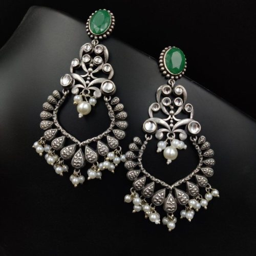 Stone Work Silver Replica Chand Bali Earrings - Image 4